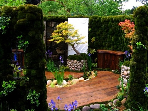 japanese garden design wood flooring moss green walls
