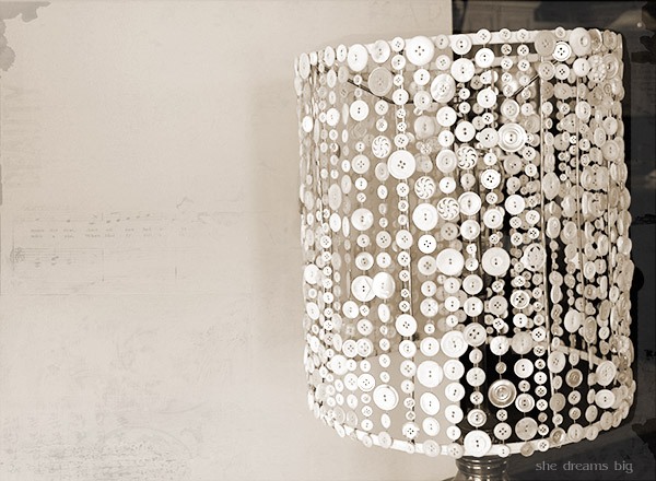 lampshade of buttons and white thread
