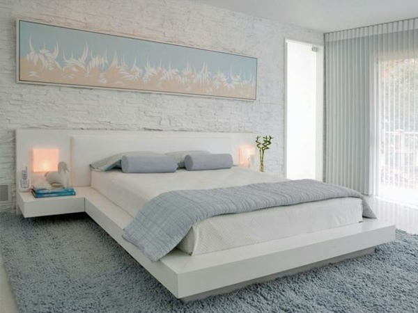 light blue bedroom wall decoration ideas stone wall gray carpet