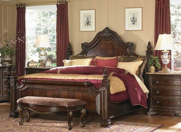 luxury bedroom design ideas dark wood bed red accents