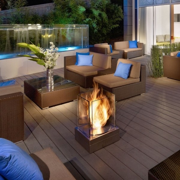 modern terrace decoration ideas mobile fireplace glass protection