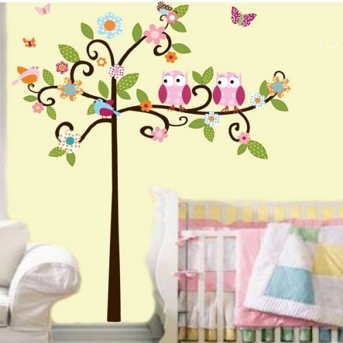 nursery room baby cot brown tree birds