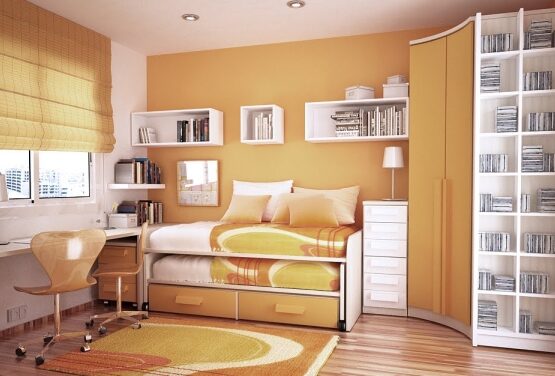 orange-teenage-room-design-ideas-bookshelf