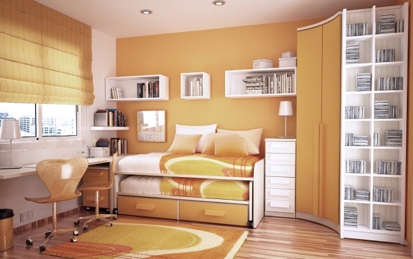 orange teenage room design ideas bookshelf