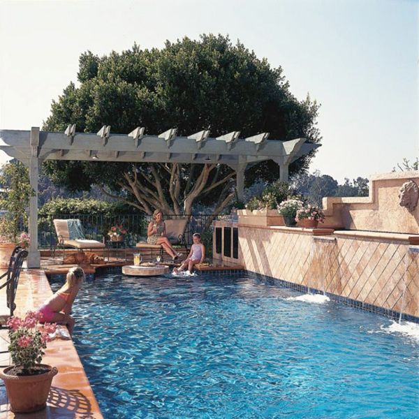 outdoor swimming pool pergola Mediterranean design