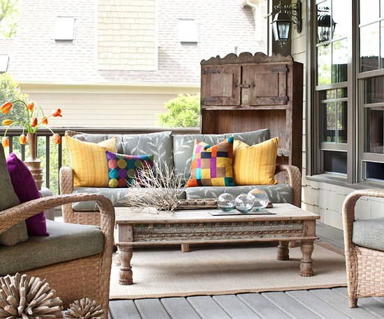 patio garden ideas wooden flooring rattan furniture