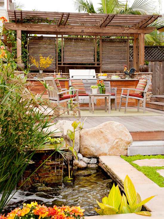 patio deck garden design pond construction bamboo blinds