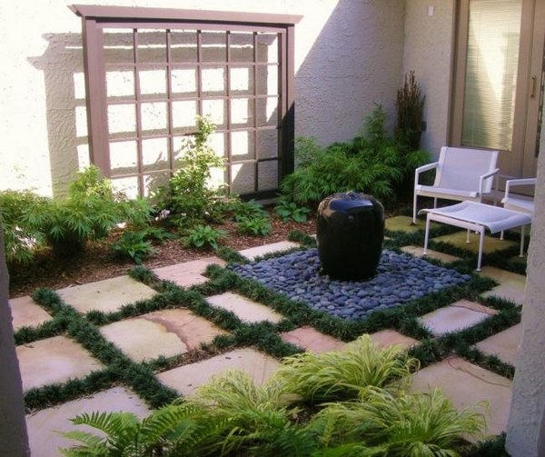 patio design ideas floor fountain gravel 