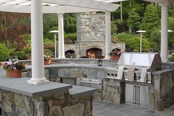 patio design ideas outdoor kitchen stone fireplace oven 