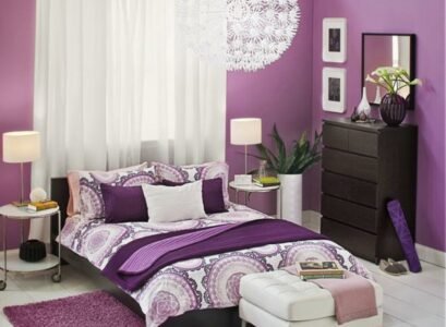 purple-bedroom-wall-decoration-design-ideas-lighting-dark-wood-furniture