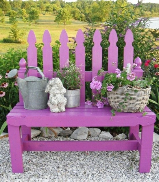 purple bench rustic style gravel stone