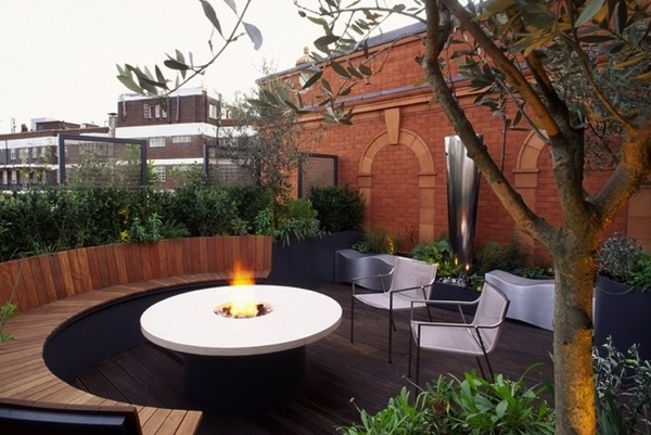 roof balcony design ideas round wooden bench fireplace 