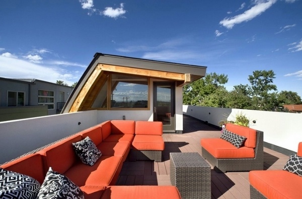 roof balcony design rattan furniture orange cushion