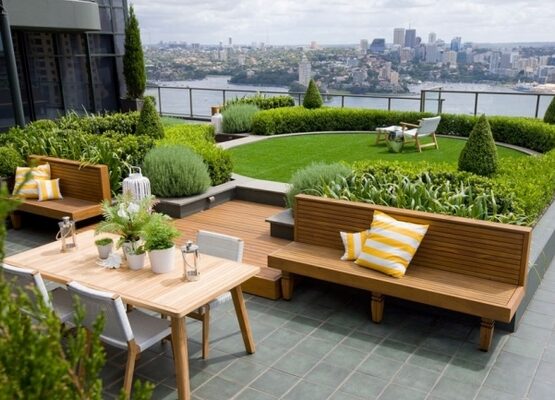 roof-terrace-design-lawn-boxwood-hedges-wooden-furniture