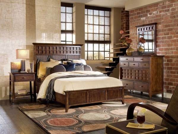 rustic bedroom design brown tones carpet circles