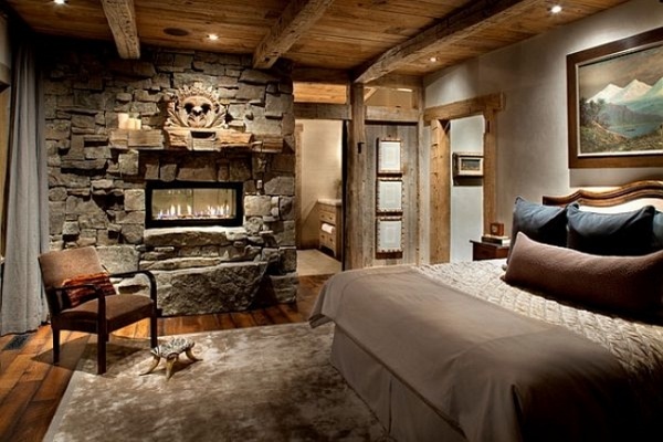 rustic bedroom interior design ideas beige stone wall fireplace