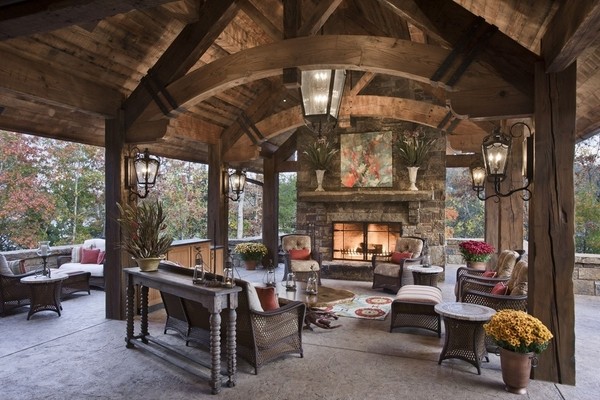 rustic patio design ideas stone fireplace outdoor furniture