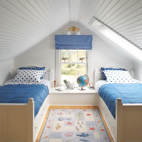 small attic bedroom twin beds blue white