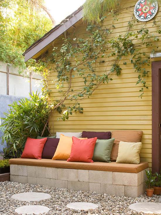 small garden design ideas colorful bench
