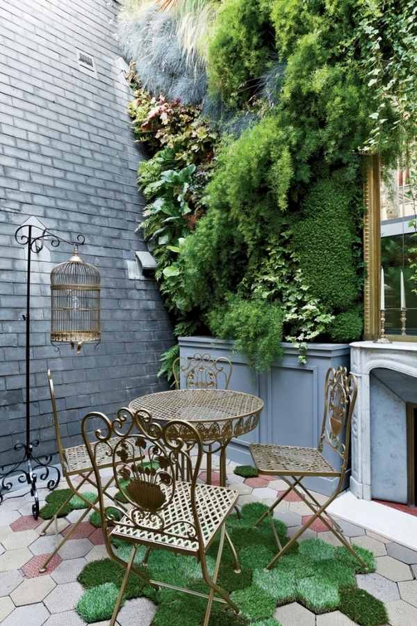 small terrace lawn pieces tiles wrought iron furniture