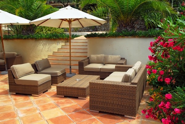 patio rattan furniture set brown beige terracotta tiles