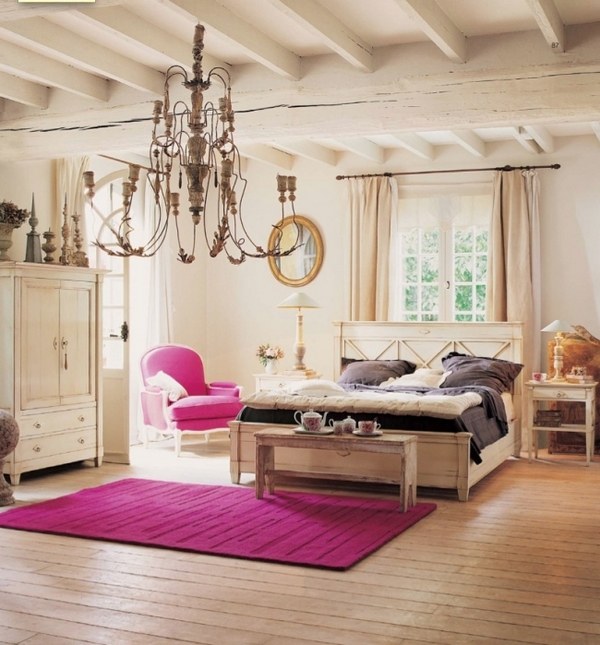 vintage bedroom design pink accents wooden furniture