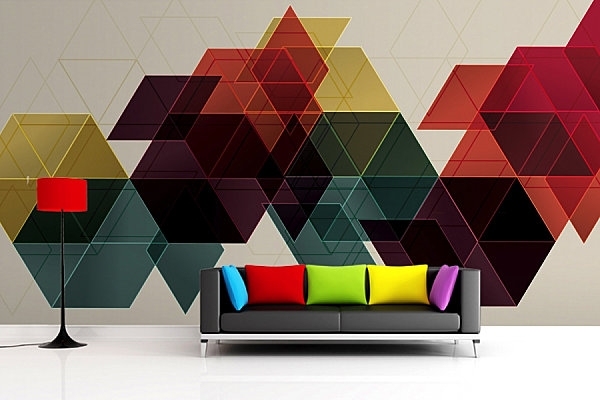 wall painting ideas colourful geometric wall mural modern sofa