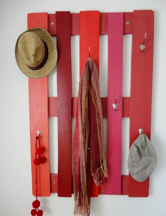 wardrobe red painted wooden palette wall hooks