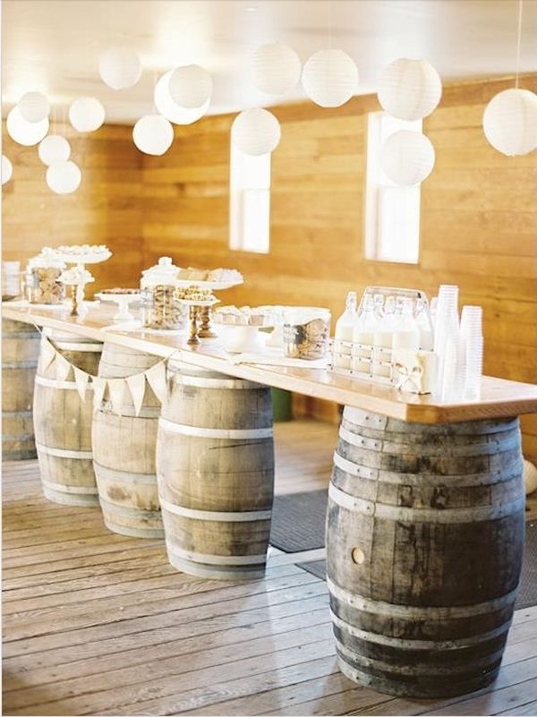 wooden wine barrels vintage party decoration buffet table
