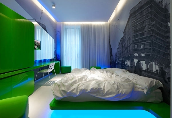 Bedroom white bedding set green wardrobe indirect lighting
