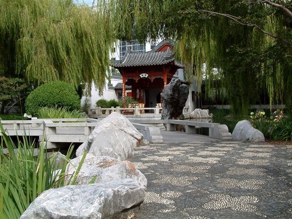Chinese Garden Rocks Willows Bridge