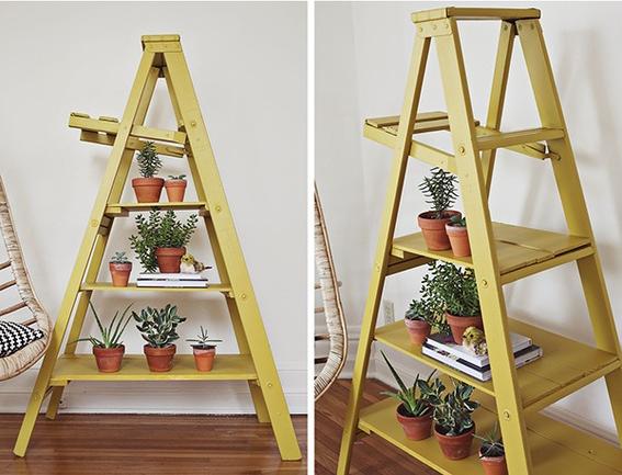 DIY-Flower-stand-wood-ladder yellow pyramid plant