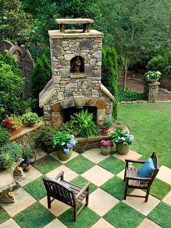 DIY Garden design outdoor fireplace checkerboard