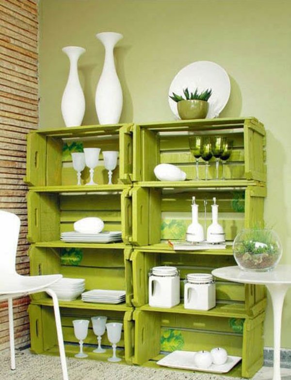 DIY Wooden crates wall shelving recycling ideas green color