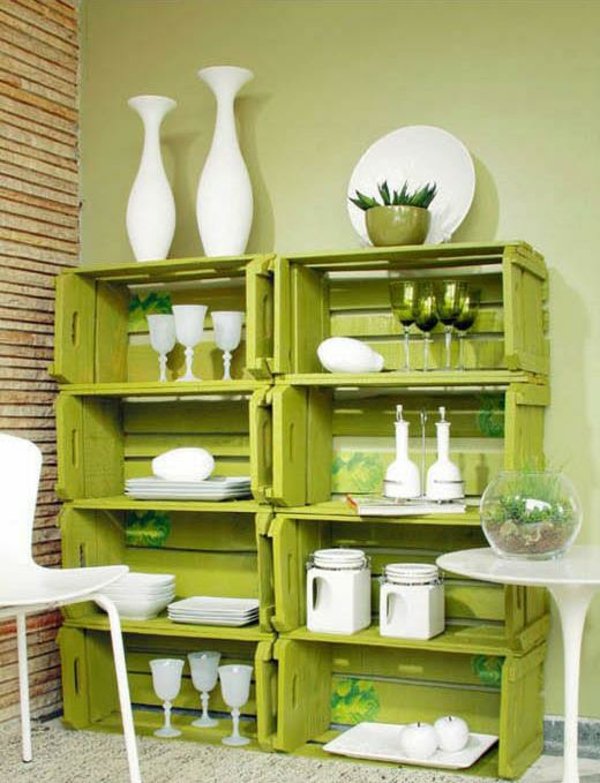 40 Cool Recycling Ideas DIY Decoration From Old Furniture   DIY Wooden Crates Wall Shelving Recycling Ideas Green Color 