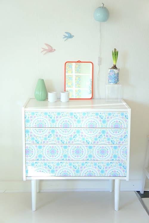DIY craft ideas leftover wallpaper dresser drawers