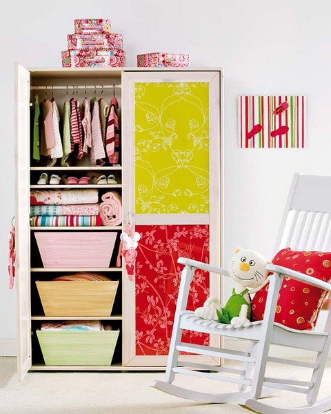 DIY kids wallpaper remnants cabinet doors