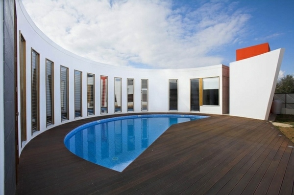 Fiberglass swimming pools modern shape wooden deck