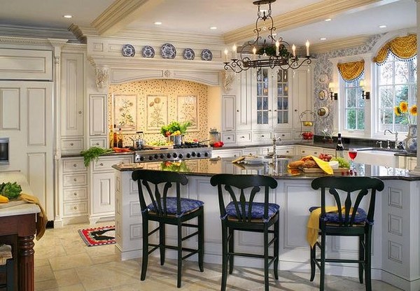 French country house kitchen design white blue yellow accents