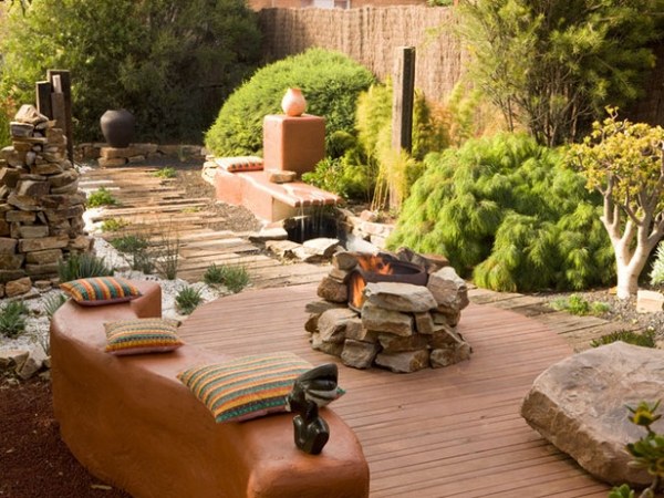 Garden patio fireplace wooden deck ideas for garden design