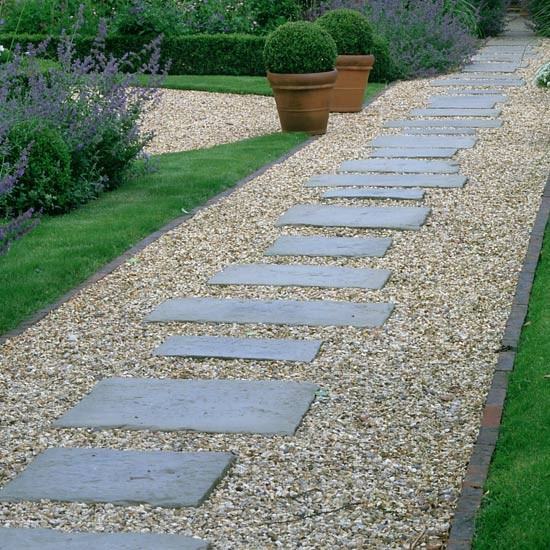 garden path gravel stone slabs boxwood hedges