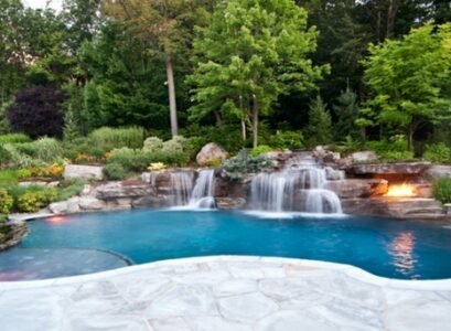 Garden-design-swimming-pool-and-fireplace-forest-shrubs