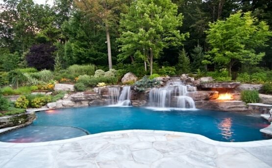 Garden-design-swimming-pool-and-fireplace-forest-shrubs