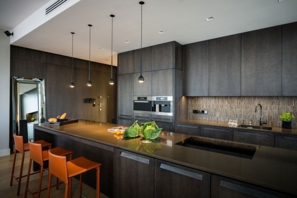 Interior design ideas modern dark wood kitchen cabinets orange barstools