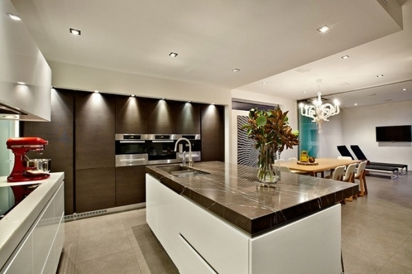 Interior design ideas modern white brown kitchen marble worktop
