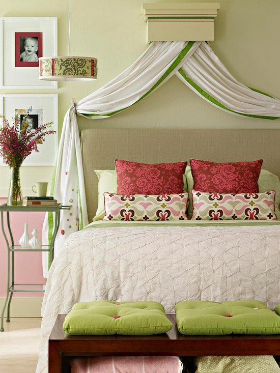Kids room girls canopy bed green color stripes
