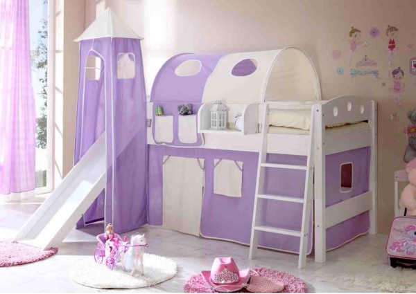 Kids bunk bed with tower and slide purple white