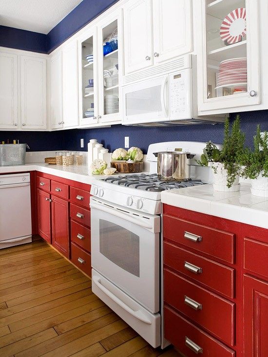 Kitchen-renovation-ideas-red blue white cabinets