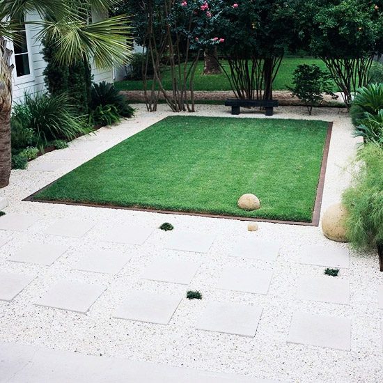 Lawn and white stone tiles flooring