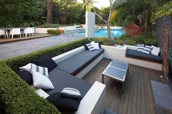 Lounge set seat design wooden deck hedge